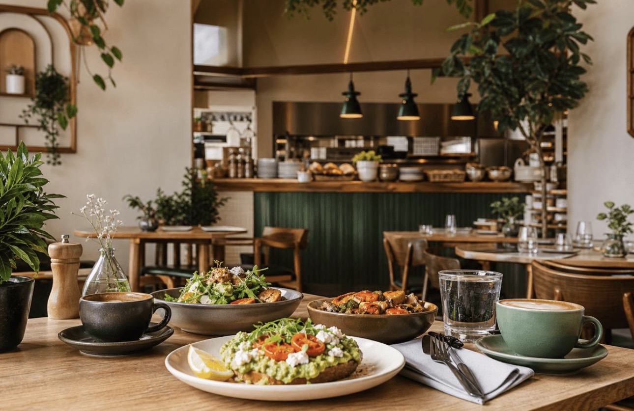Mesa com café e brunch em ambiente acolhedor de restaurante